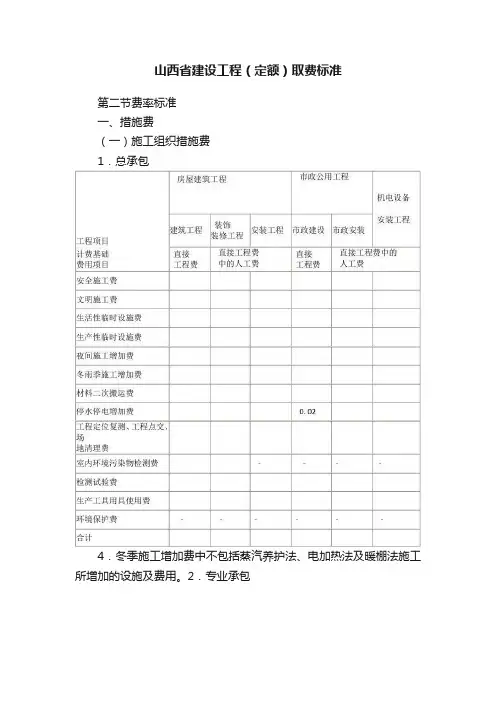 山西省建设工程（定额）取费标准