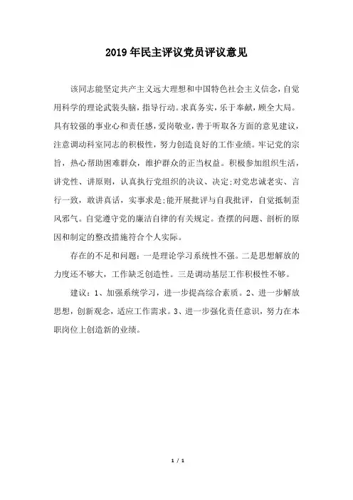 2019年民主评议党员评议意见