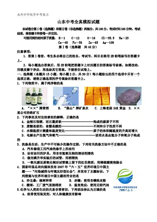 2010年山东省中考化学模拟试题及答案