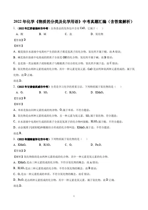 2022年化学《物质的分类及化学用语》中考真题汇编(含答案解析)