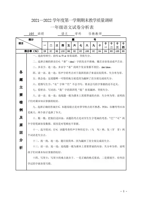 2021-2022学年度第一学期期末教学质量调研一年级语文试卷分析表 (3)