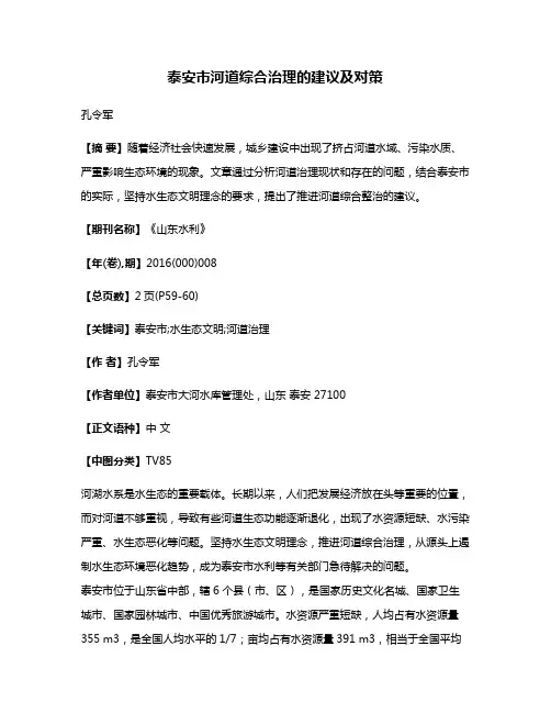 泰安市河道综合治理的建议及对策