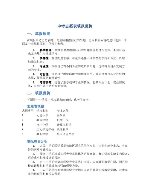 中考志愿表填报范例