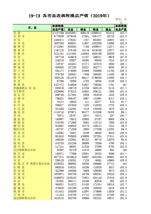 吉林统计年鉴2020社会经济发展指标：各市县农林牧渔总产值(2019年)