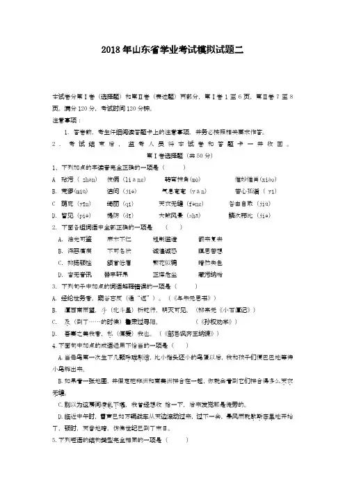 2020—2021年山东省泰安市中考语文模拟试题及答案解析二.docx