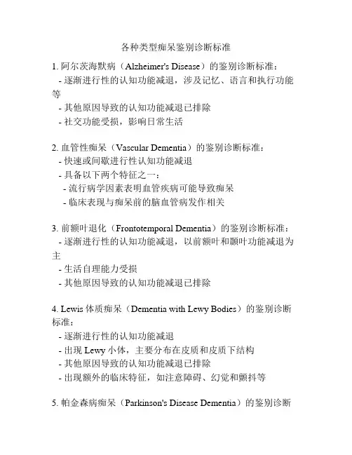各种类型痴呆鉴别诊断标准