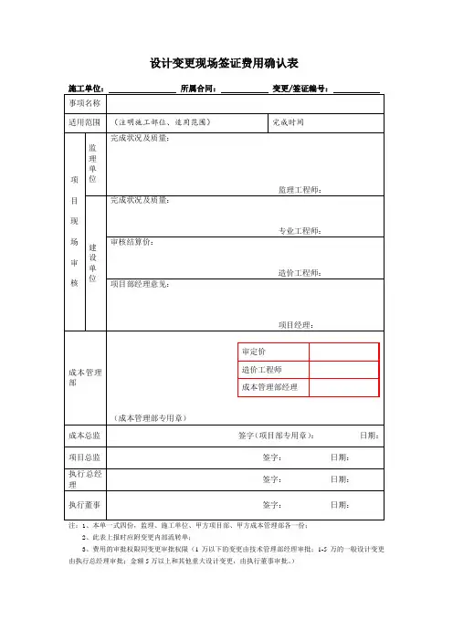 设计变更现场签证费用确认表 模板