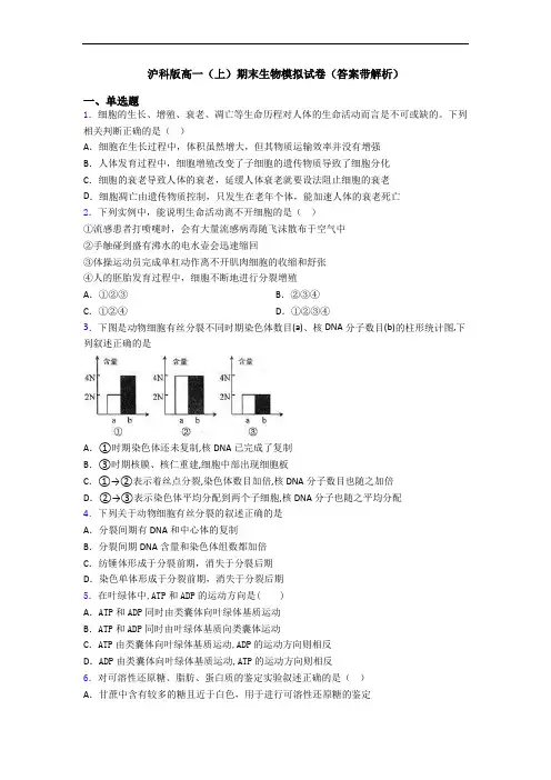沪科版高一(上)期末生物模拟试卷(答案带解析)