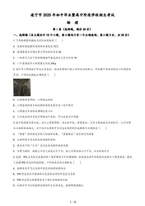2020年四川省遂宁市中考物理试题(初中毕业暨高中阶段学校招生考试)(含答案与解析)