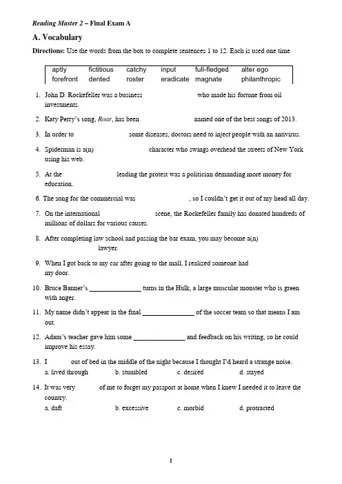 大学英语泛读教程4(第三版)期中期末试卷Reading Master 3 – Final Exam A