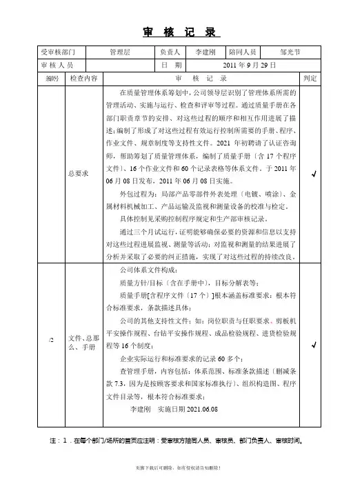 ISO9001-审核记录表最新版本-管理层记录