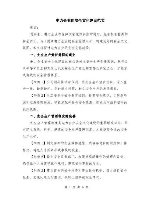 电力企业的安全文化建设范文（二篇）