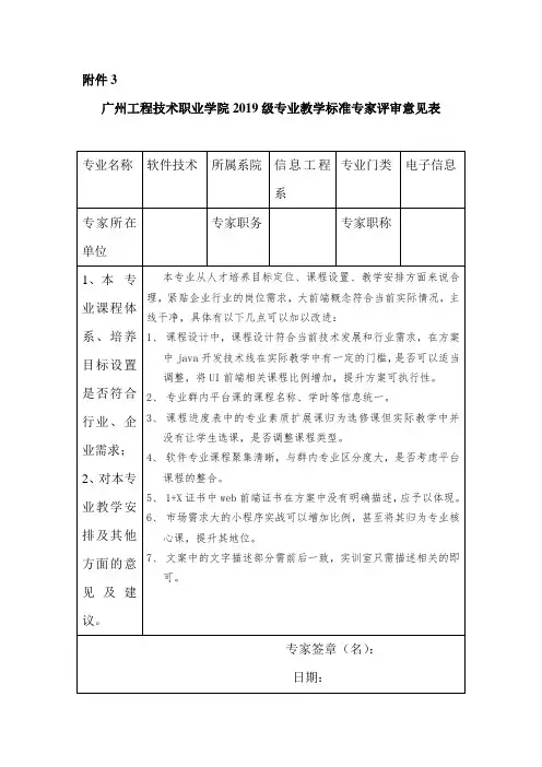 专业教学标准专家评审意见表