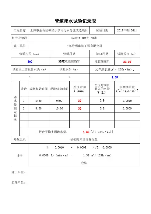 管道闭水试验记录表 自动计算 