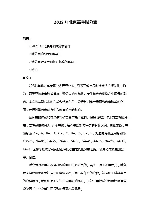 2023年北京高考赋分表