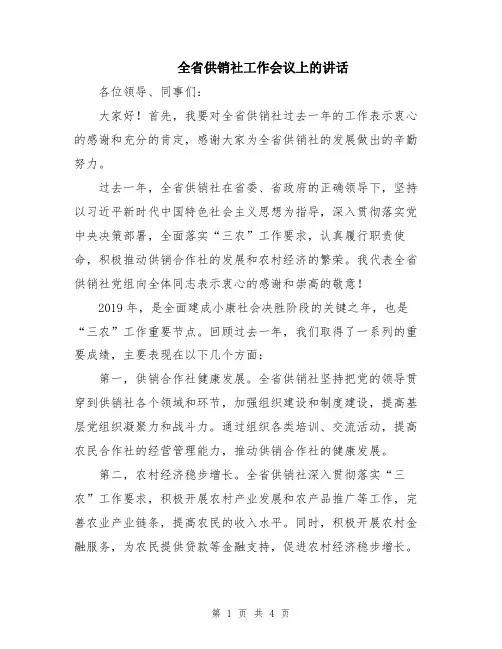 全省供销社工作会议上的讲话