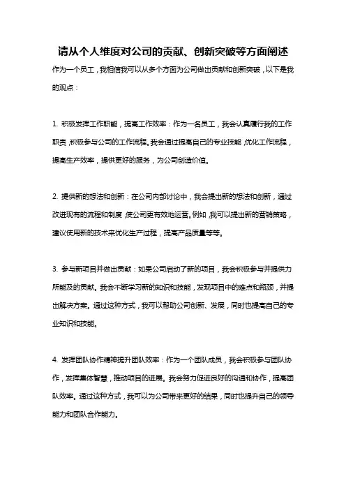 请从个人维度对公司的贡献、创新突破等方面阐述