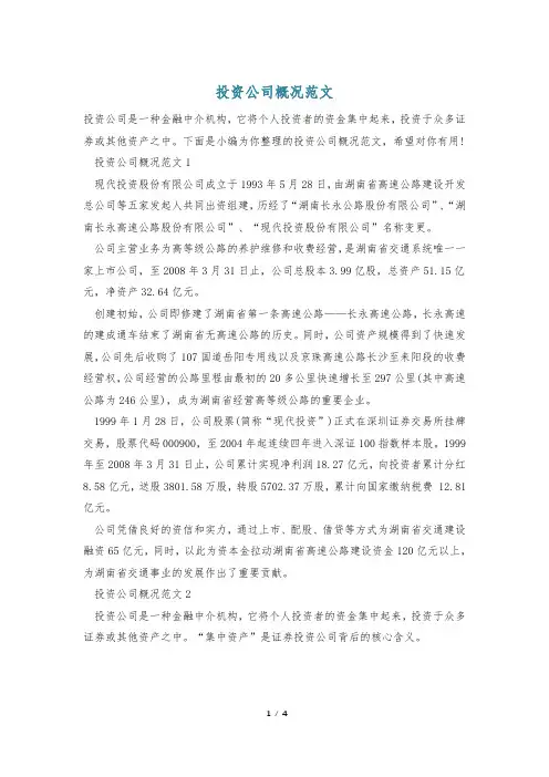 投资公司概况范文
