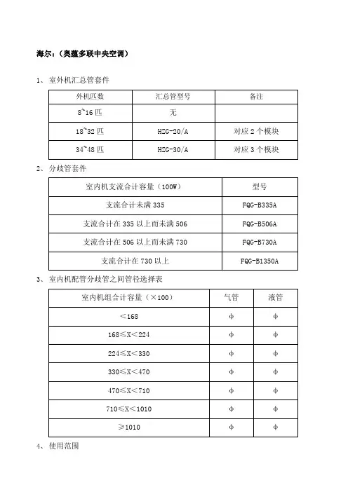 各厂家多联机分歧管及管径选择标准