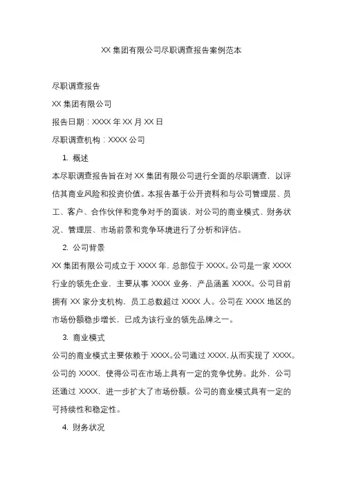 XX集团有限公司尽职调查报告案例范本