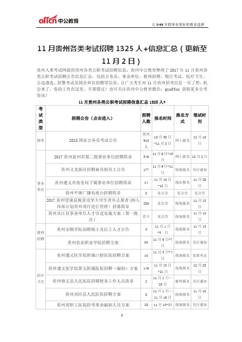 11月贵州各类考试招聘1325人+信息汇总(更新至11月2日)