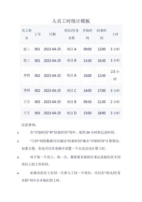 人员工时统计模板