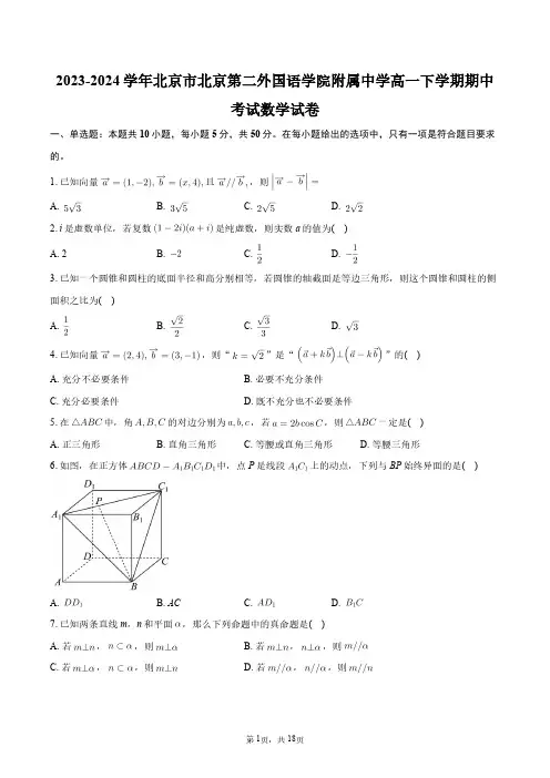 2023-2024学年北京市北京第二外国语学院附属中学高一下学期期中考试数学试卷+答案解析