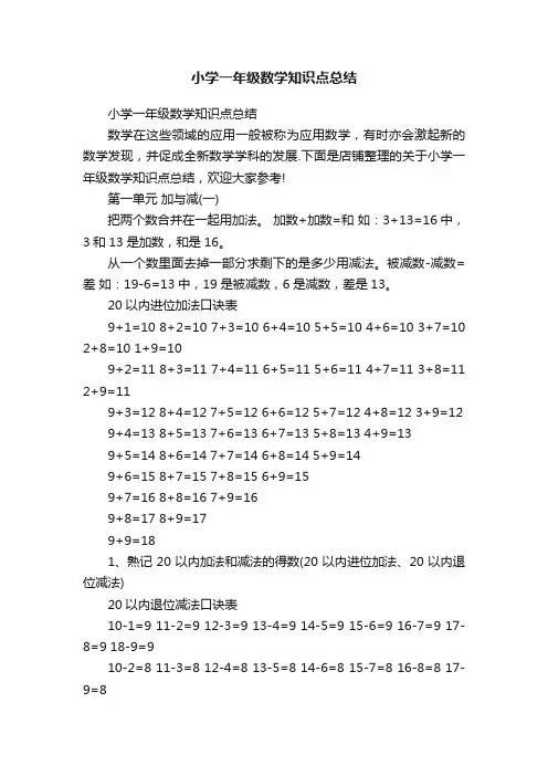 小学一年级数学知识点总结
