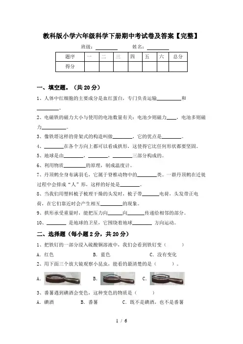教科版小学六年级科学下册期中考试卷及答案【完整】