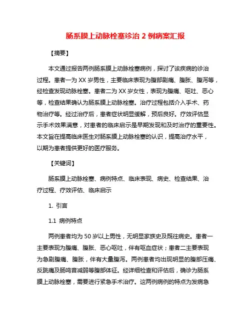 肠系膜上动脉栓塞诊治2例病案汇报