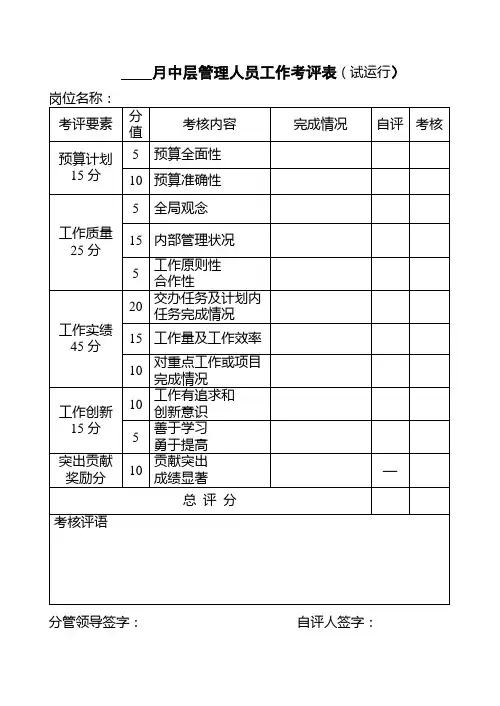 中层干部及各部室月度考评表