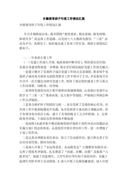乡镇领导班子年度工作情况汇报（完整版）