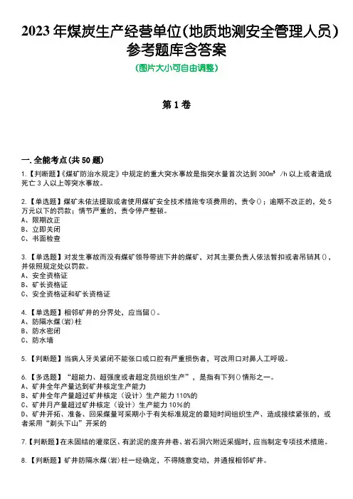 2023年煤炭生产经营单位(地质地测安全管理人员)参考题库含答案7