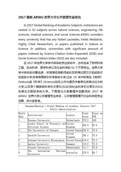 2017最新ARWU世界大学公共管理专业排名