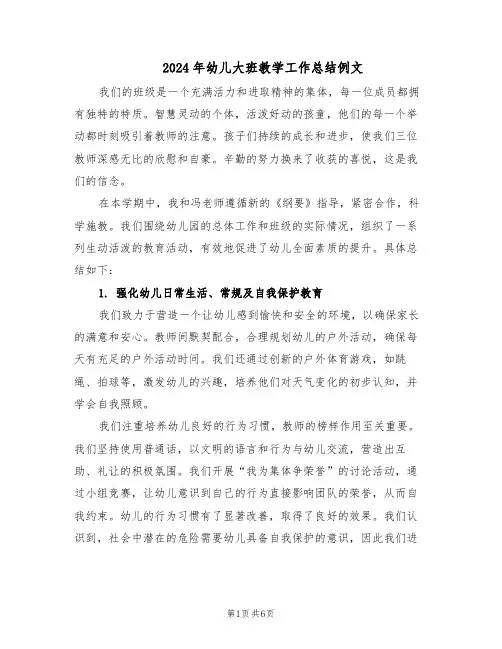 2024年幼儿大班教学工作总结例文（3篇）