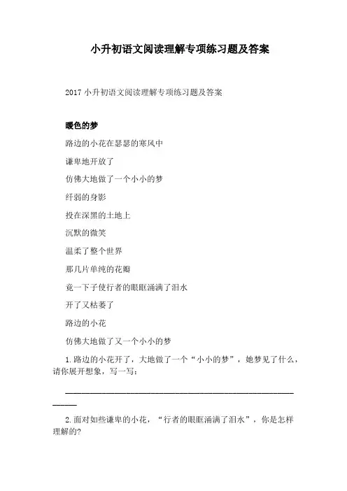 小升初语文阅读理解专项练习题及答案