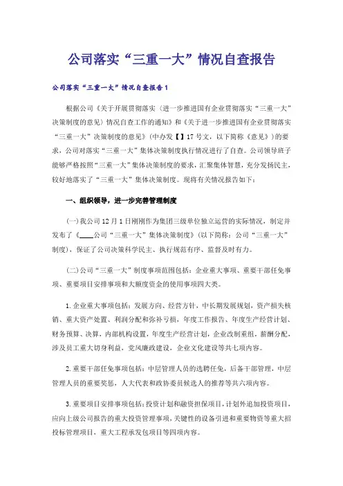 公司落实“三重一大”情况自查报告