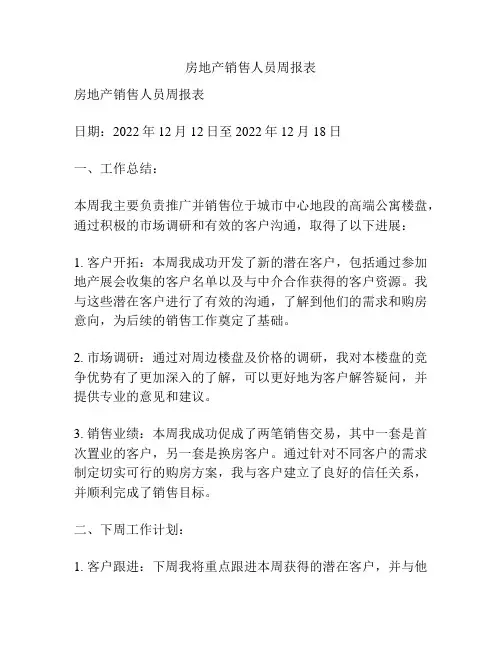 房地产销售人员周报表