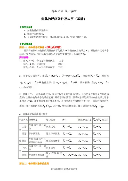 教科版初中物理八年级下册物体的浮沉条件及应用(基础)知识讲解