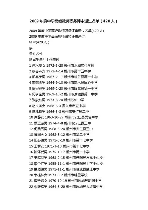 2009年度中学高级教师职务评审通过名单（420人）