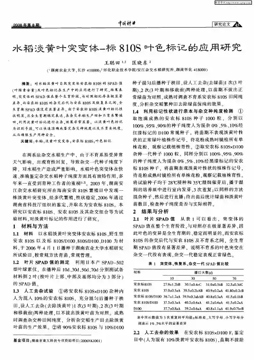 水稻淡黄叶突变体-标810S叶色标记的应用研究