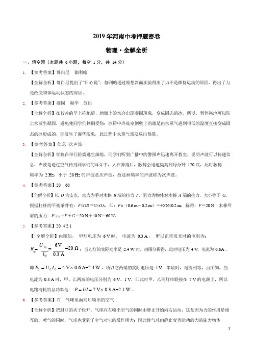2019年中考物理原创押题密卷(河南卷)(全解全析)