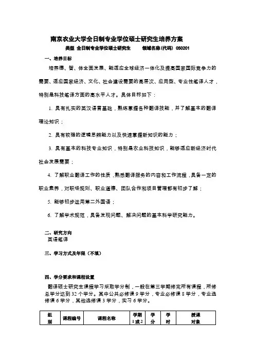 南京农业大学全日制专业学位硕士研究生培养方案