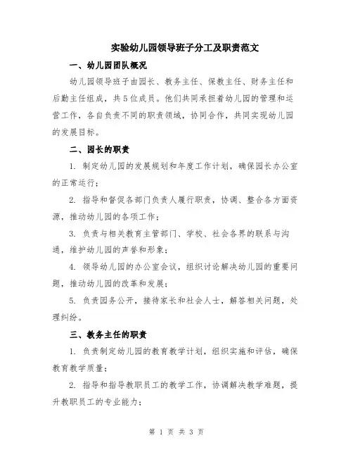 实验幼儿园领导班子分工及职责范文