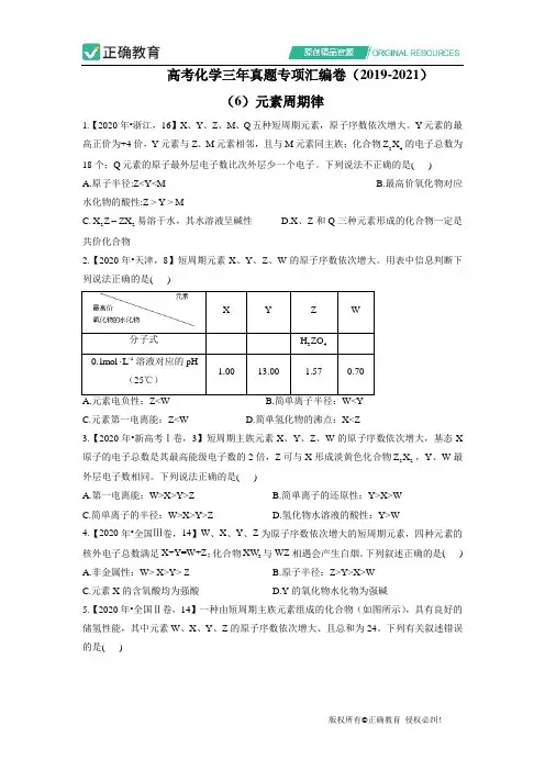 高中化学元素周期律高考化学三年真题专项汇编卷20192021