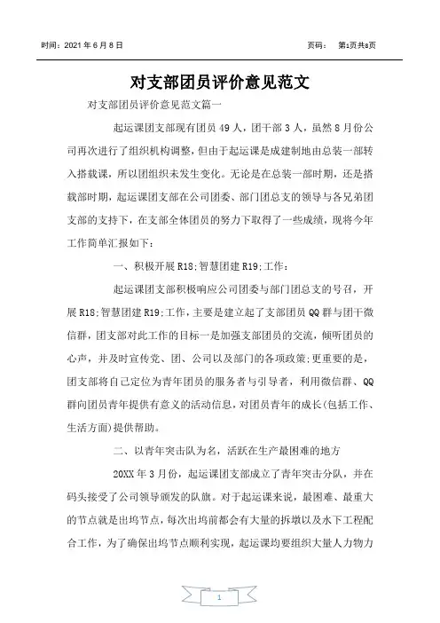 对支部团员评价意见范文