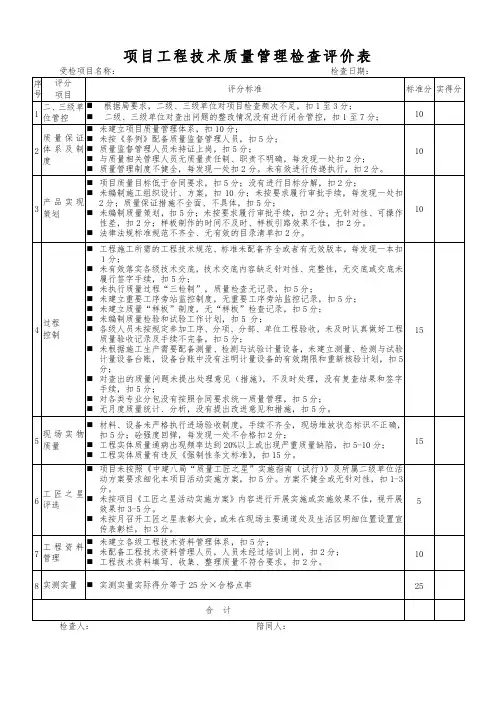 项目工程技术质量管理检查评价表
