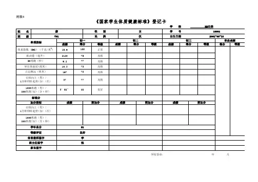 《国家学生体质健康标准》登记卡全