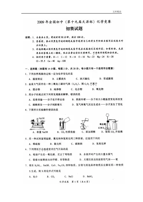 2009年初中学生化学素质和实验能力竞赛初赛试题