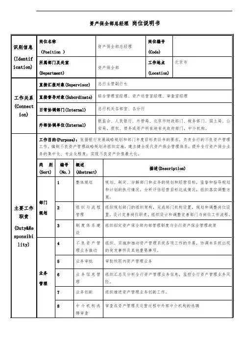 资产保全部总经理岗位说明书